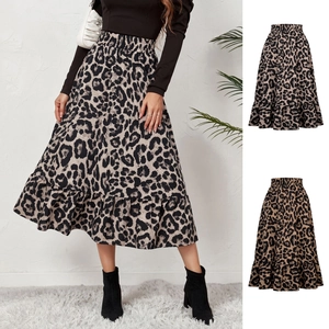 Jupe midi léopard pour femme à taille haute avec ourlet à volants et taille élastique