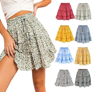 Women High Waist Ruffle Floral Mini Skirt Tiered A-Line Beach Skirt Elastic Waist Summer Casual Daisy Print Skirt