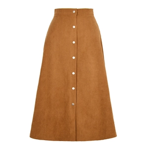 Detail view of brown corduroy midi skirt with silver metal buttons and ribbed texture