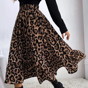 Jupe longue léopard sexy à taille haute avec ourlet à volants et taille élastique