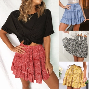 Women's summer high waist floral ruffle mini skirt with drawstring layered design