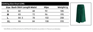 Guide des tailles pour jupe en satin à taille haute avec mesures en cm et poids du vêtement