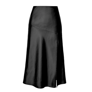 Detailed view of glossy black satin midi skirt featuring side slit and smooth high waistline