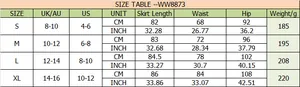Tableau des tailles pour jupe en satin WW8873 avec mesures en CM et INCH