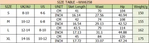 Detailed size chart for high waist wrap skirt showing CM and INCH measurements for S to XL