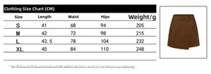 Size chart showing S-XL measurements for high waist faux suede asymmetric mini skirt