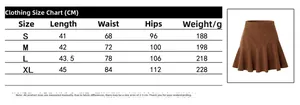 Size chart for high waisted corduroy mini skirt with ruffled hem measurements in cm