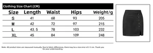 Tableau des tailles détaillé pour jupe en daim à taille haute et boutons métalliques