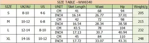 Detailed size chart for women's high waist faux suede skirt including waist and hip measurements
