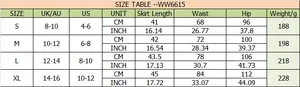 Size chart for high waist corduroy pleated skirt with length, waist, and hip measurements
