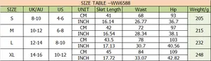 Tableau des tailles pour jupe en daim avec mesures en CM et INCH du S au XL
