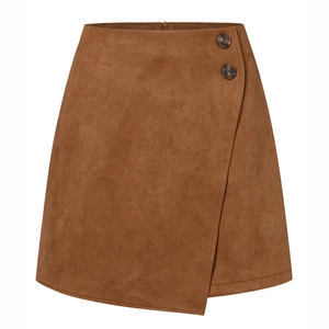 Detail view of brown suede mini skirt showing decorative buttons and smooth texture