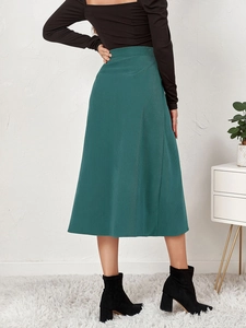 Deep lake blue high-waisted corduroy skirt with vertical texture and A-line silhouette