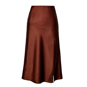 Elegant high waist glossy satin midi skirt with side slit and smooth draped finish