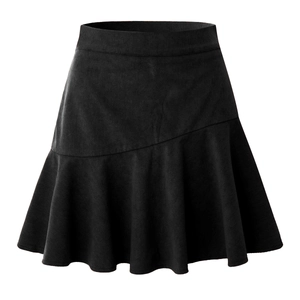 Detail of black corduroy mini skirt with vertical texture and ruffled asymmetric hemline