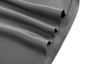 Detail of high-quality dark grey satin fabric showing fine stitching and elegant drape