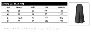 Detailed size chart for satin high waist midi skirt including length, waist, and hip measurements