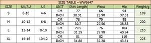 Detailed size chart for satin high waist midi skirt including measurements for S to XL