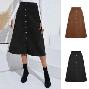 Women Retro Corduroy A-Line Midi Skirt High Waist Single Breasted Solid Color Casual Autumn Winter Fashion Bottoms Skirt