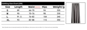 Size guide for high waist satin maxi skirt featuring adjustable drawstring waist details