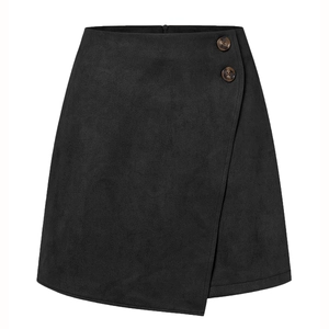 Detailed view of black faux suede wrap skirt with amber button and zipper closure