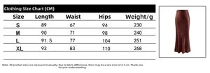 Size chart for high waist satin maxi skirt showing length, waist, and hip measurements