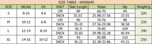 Detailed size chart for high-waisted satin midi skirt showing US UK measurements