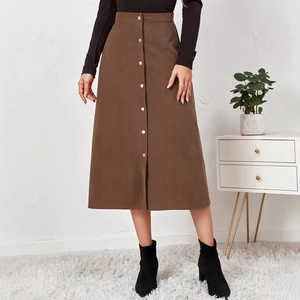 Brown corduroy high waist midi skirt with front buttons for women casual autumn wear