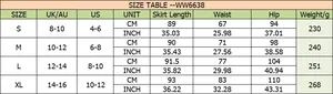 Detailed size guide table for high waist satin maxi skirt with measurements in cm and inches