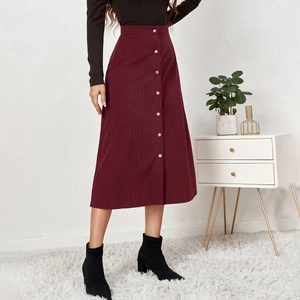Elegant wine red corduroy A-line midi skirt with high waist and single-breasted buttons