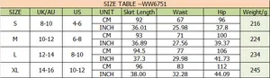 Tabella taglie dettagliata per gonna in raso leopardata con misure in CM e INCH