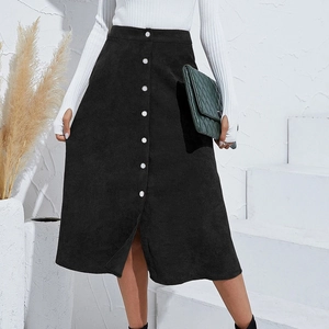 Elegant black corduroy A-line skirt with single-breasted buttons and high waist