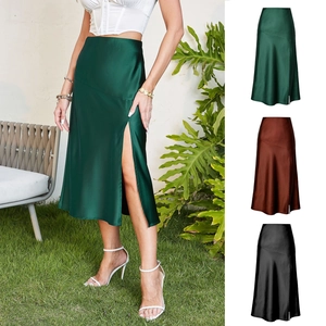 High Waist Glossy Satin Midi Skirt For Women Sexy Side Slit A-Line Silky Solid Color Skirt Party Vacation Elegant Bottom
