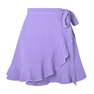 Elegant lavender wrap mini skirt with ruffle hem and side tie belt for women