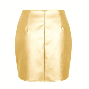 Detailansicht eines goldfarbenen PU-Minirocks mit hoher Taille und Reißverschluss