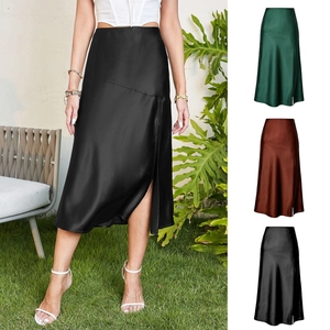 Elegant high waist satin midi skirt with side slit in black, green and brown colors