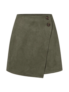 Detail of olive green faux suede mini skirt with asymmetrical hem and brown buttons