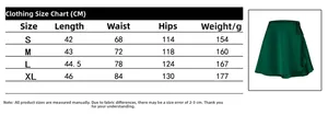 Detailed size chart with length, waist, and hip measurements for the satin wrap skirt