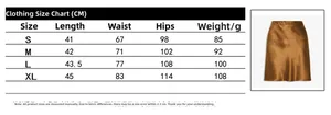 Detailed size chart for satin mini skirt showing waist and hip measurements in centimeters