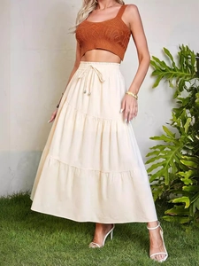 Jupe Longue Étagée Femmes Coton Lin Taille Haute Élastique Cordon de Serrage Coupe en A Couleur Unie Plage Été Bohème Chic