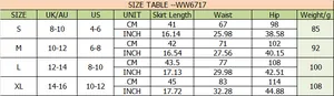 Size chart for high waist satin skirt showing S to XL with CM and INCH measurements
