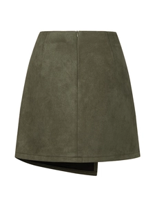 Detailed view of moss green suede mini skirt with high waist and asymmetric hem design