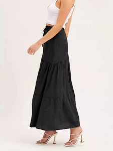 Jupe longue noire à volants en coton et lin pour femme avec taille élastique à cordon
