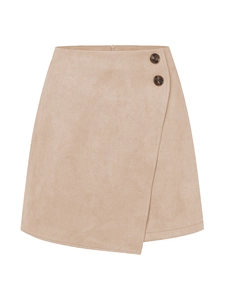 Detail of light khaki faux suede wrap skirt showing side buttons and soft matte texture
