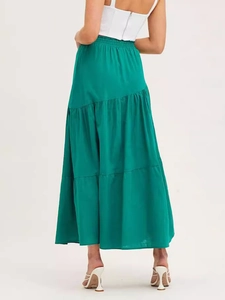 Jupe longue à volants vert émeraude en coton et lin avec taille haute élastique et coupe A