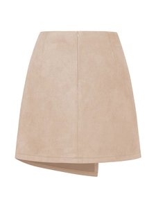 Detailed view of beige suede mini skirt featuring high waist and asymmetric hem design
