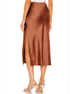 Elegant high waist copper satin midi skirt with side slit and smooth glossy finish