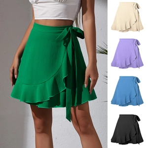 Women's High Waist Tie-up Wrap Skirt Solid Color Ruffle Hem Mini Skirt Textured Chiffon Summer Casual Vacation Beach Skirt