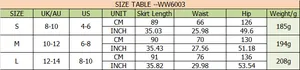 Detailed size guide table for high waist maxi skirt with waist and length measurements