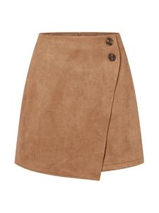 Detailed macro view of brown faux suede wrap skirt with elegant tortoiseshell buttons